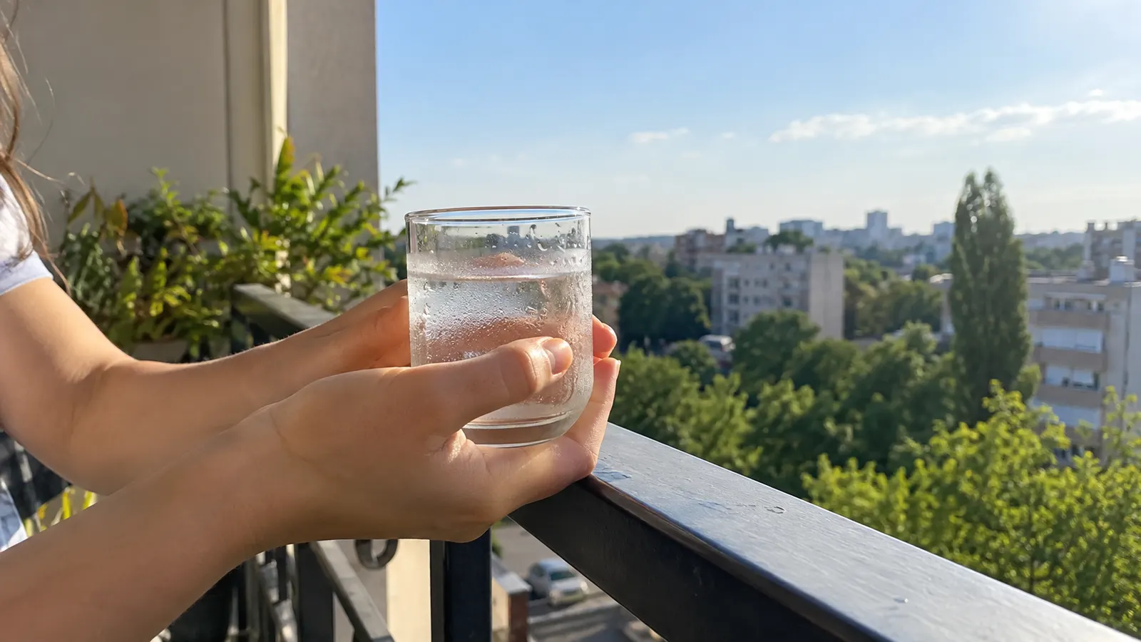 Руки тримають склянку холодної води на балконі — повернення в тіло після переляку