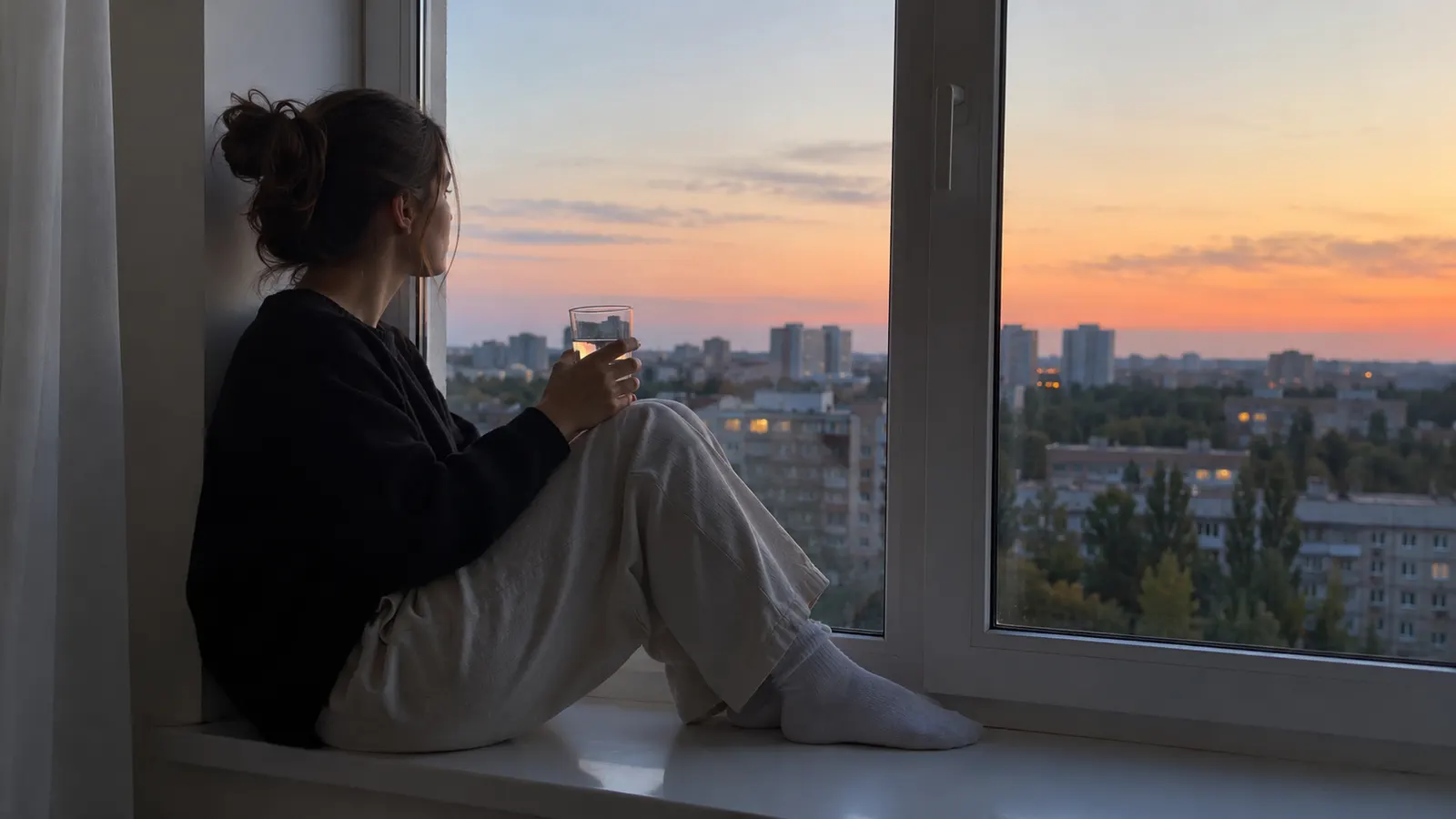 Жінка зі склянкою води на підвіконні — пауза замість перекусу