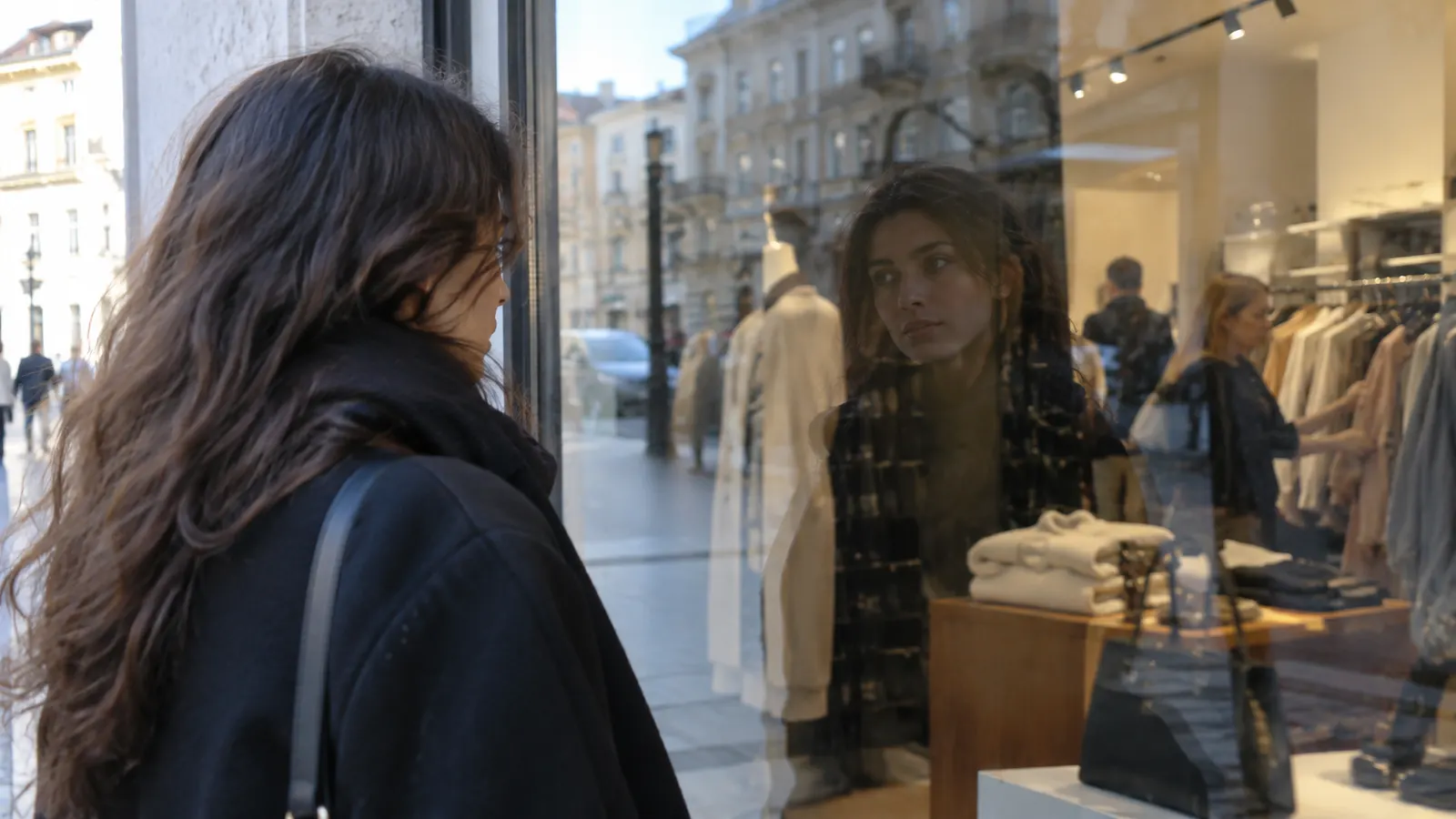 Жінка бачить своє відображення у вітрині поверх людей усередині — проєкція