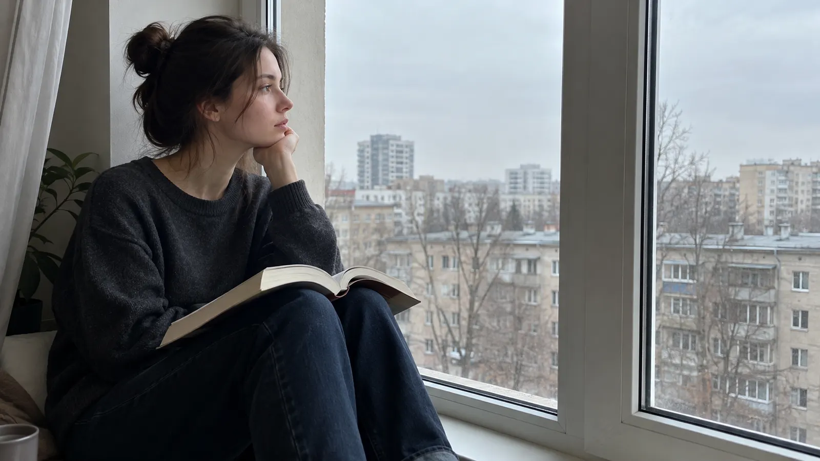 Жінка на підвіконні з книжкою з психології дивиться у вікно — розумію головою, але болить