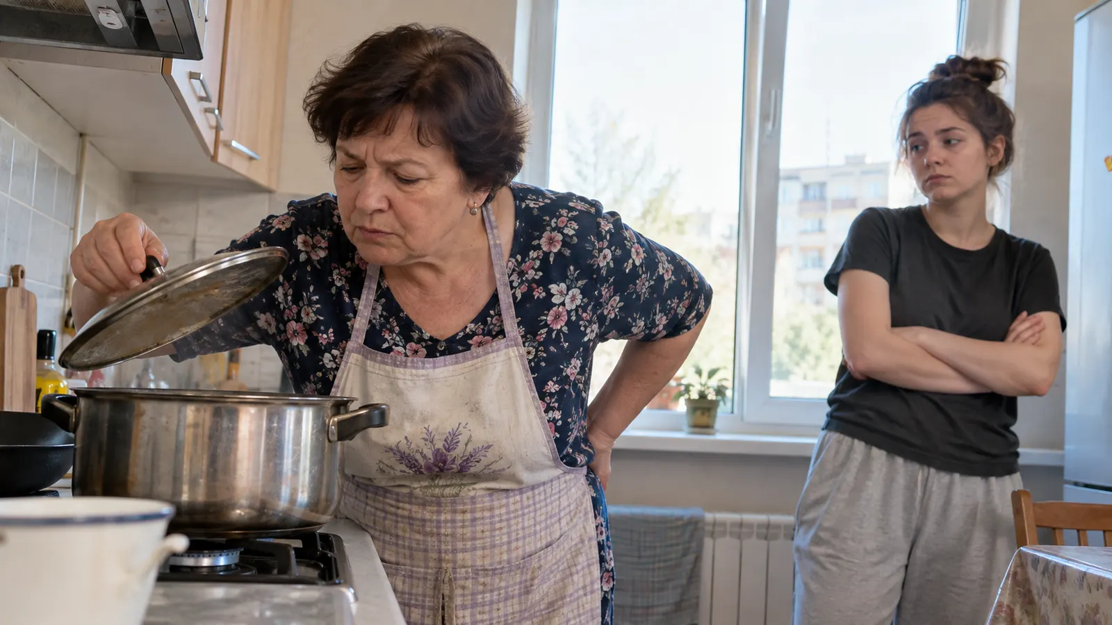 Свекруха заглядає в каструлю, невістка стоїть зі схрещеними руками — межі в родині