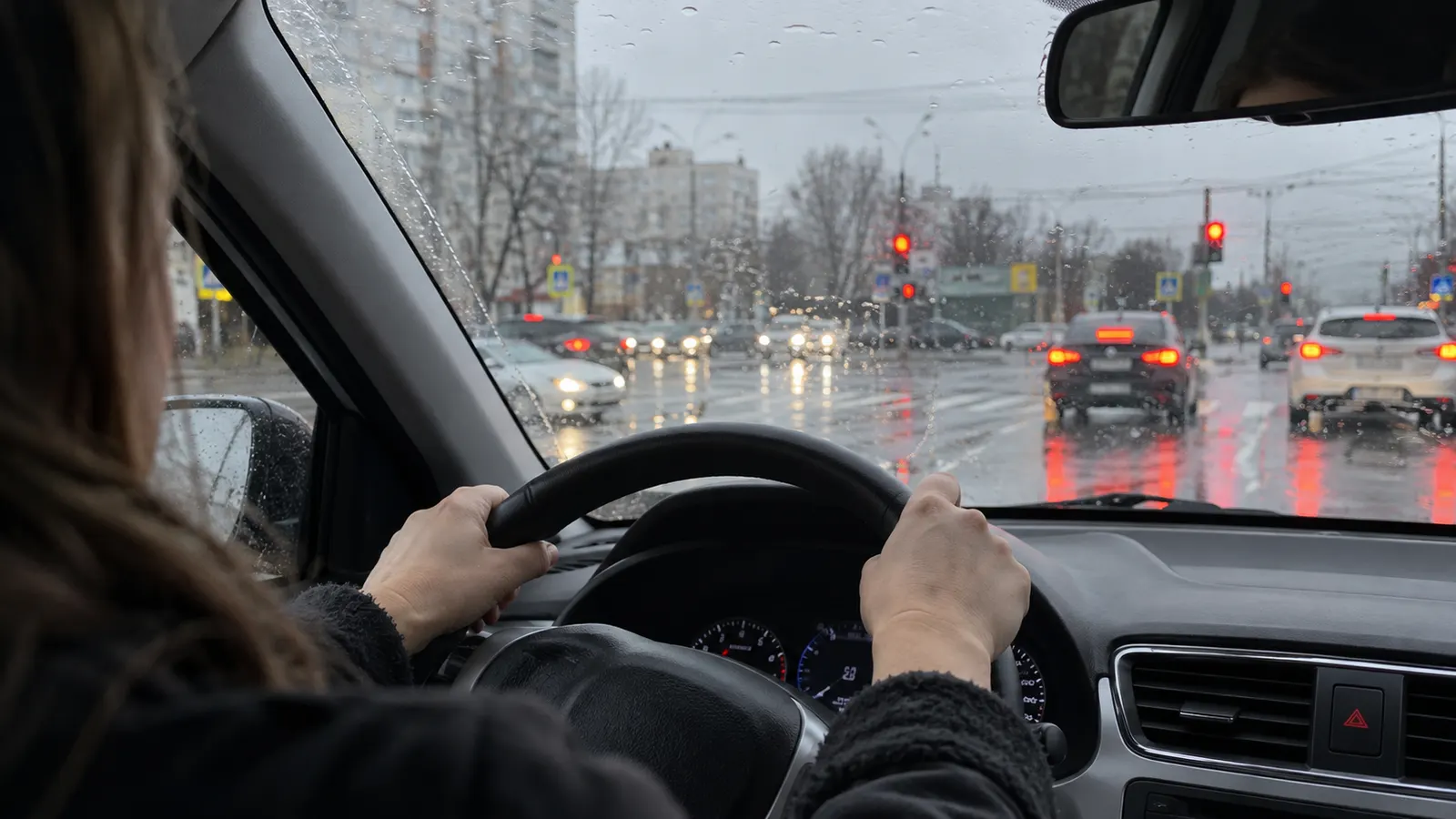 Руки водійки міцно тримають кермо на перехресті в дощ — тривога за кермом