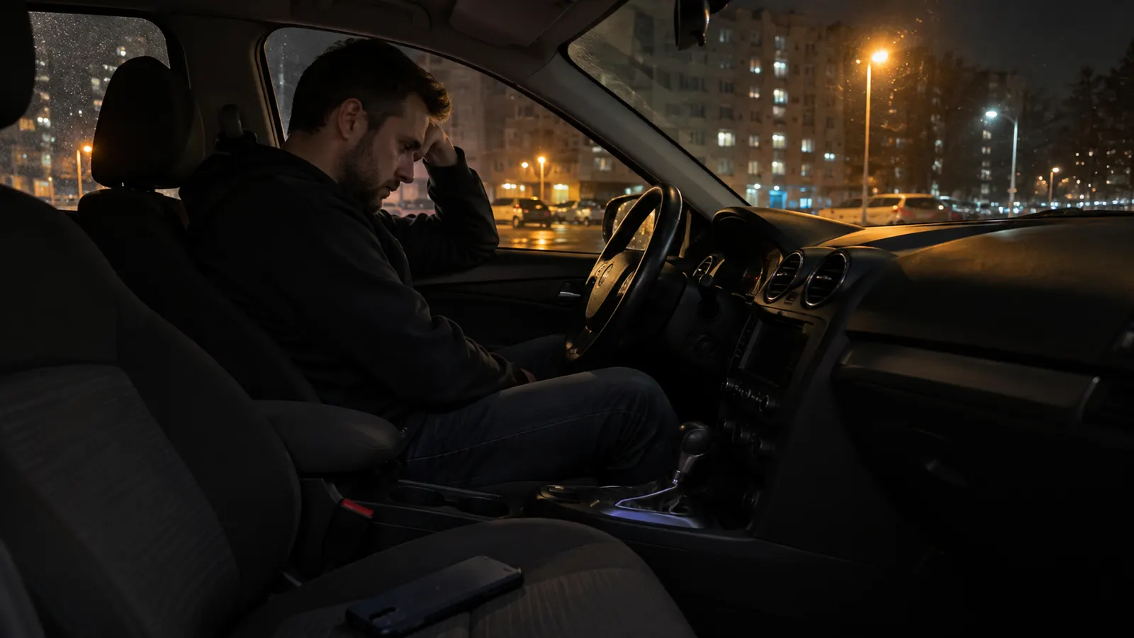 Чоловік сам у припаркованому авто вночі — почуття, які нарешті наздогнали